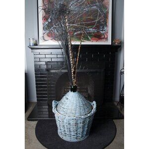Vintage Carboy Demijohn Green Glass Wine Bottle In Blue Wicker Basket With Straw
